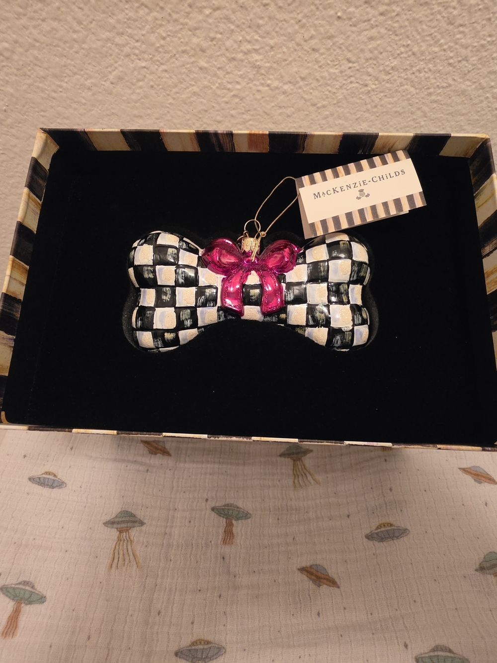 MacKenzie Childs Courtly Check Dog Bone Glass Ornament Ribbon NIB Rare Retired